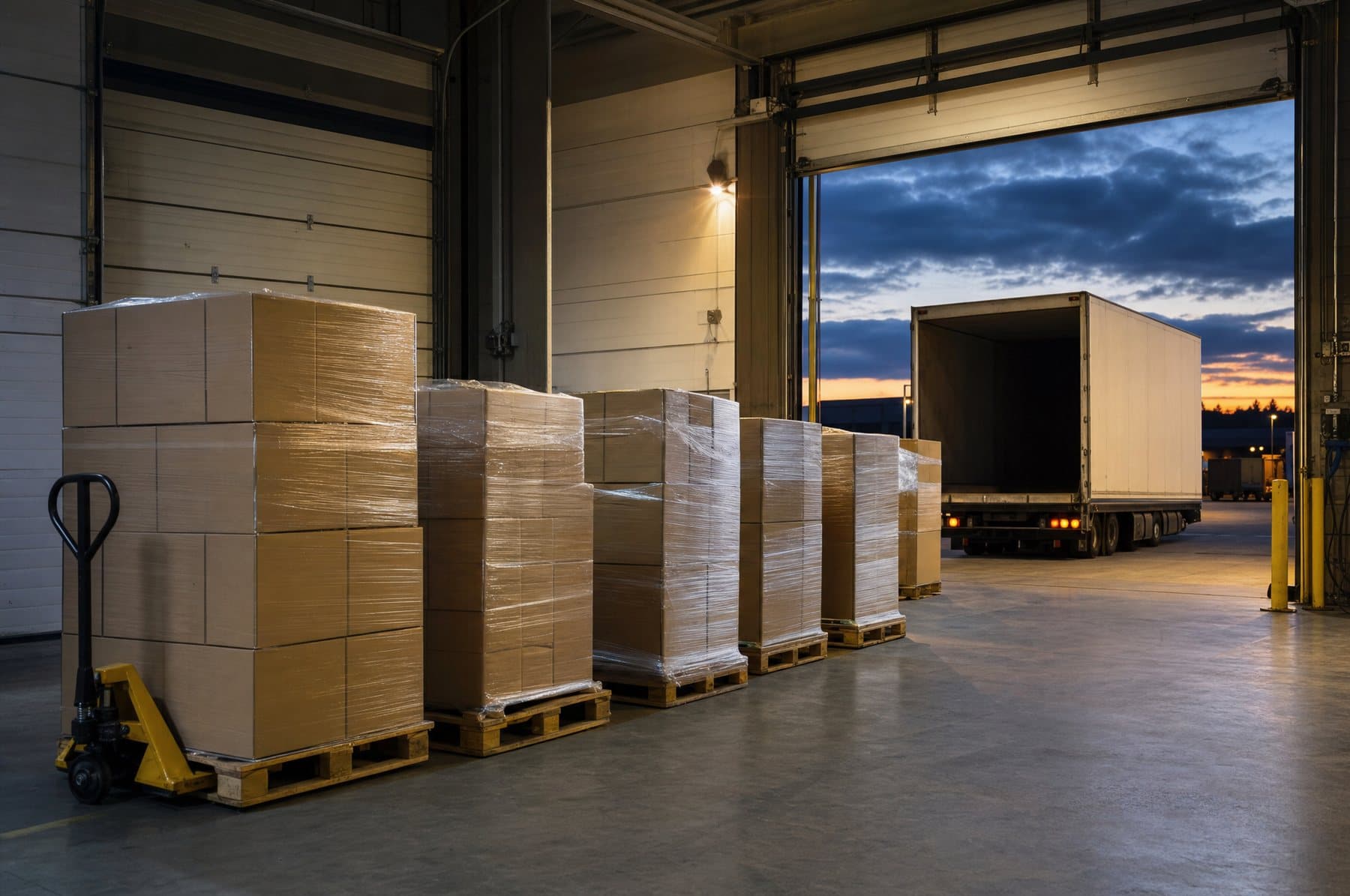 Shrink-wrapped pallets staged on a loading dock beside an open trailer